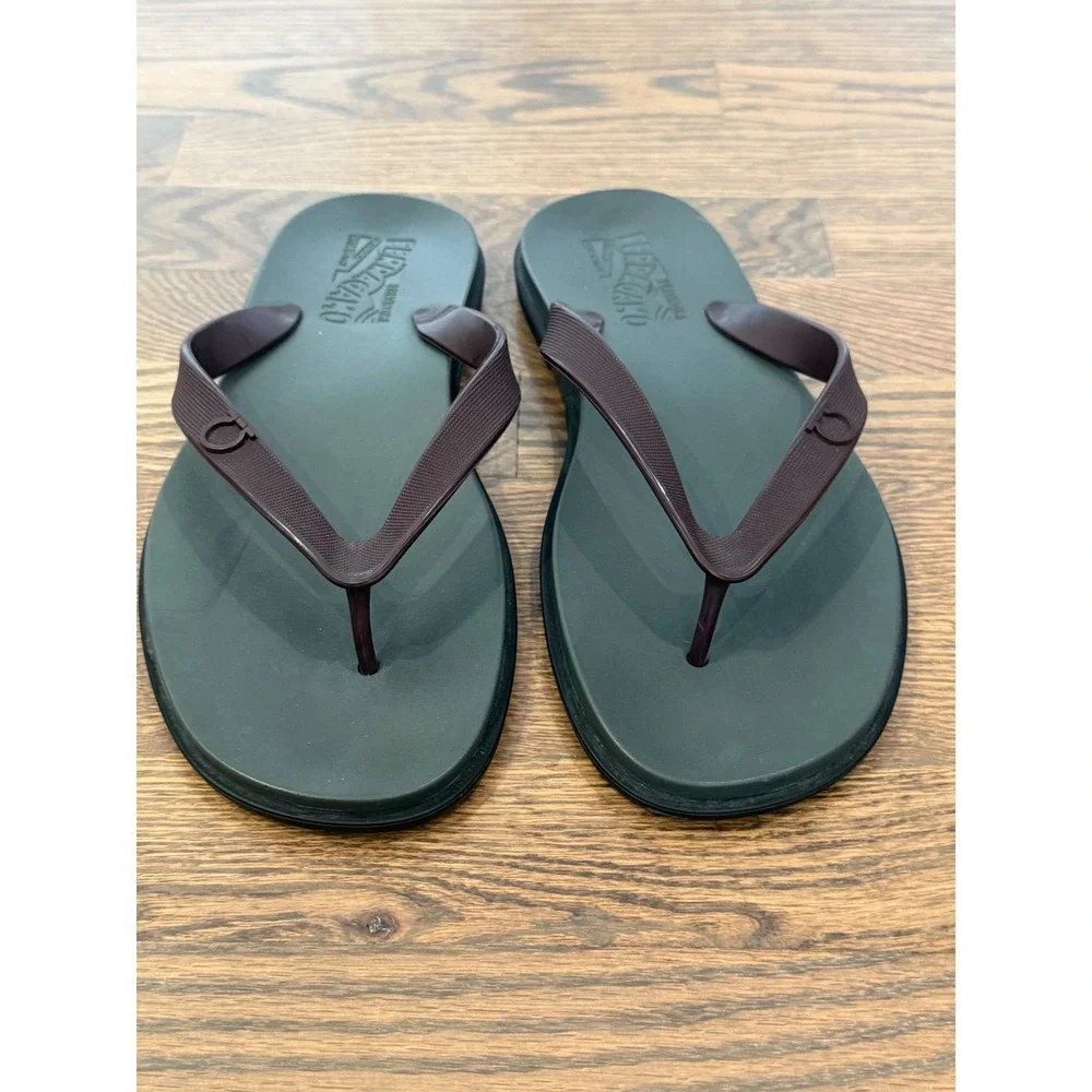 Salvatore Ferragamo Mens Gancini Rubber Flip Flop Sandals Green Brown Italy
